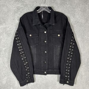 Tic Tic Women’s Large Black Denim Jean Jacket Lace Up Sleeves